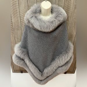 Real Fur Trim Poncho/Cape with Wool & Cashmere